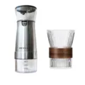 Portable electric stainless steel coffee grinder and ridged glass cup with wooden sleeve - Grinder + Coffee Cup / Stainless Steel/Wood Color
