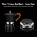 Black octagonal Moka pot with wood grain handle and 500W electric hot plate - Cool Black Set: Moka Pot & Electric Stove (300ml) / 2000-10000 Sets