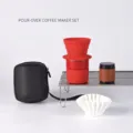 Portable red pour-over coffee maker set with silicone dripper and black storage bag - Regular Handle Cup Style / Red