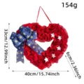 Red Independence Day fabric heart wreath with blue star bow decoration, size 40x33cm - Independence Day Bow Heart Wreath / 40x33x6cm