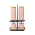 Rosa elektrisches Salz- und Pfeffermühlen-Set aus Weizenstroh mit schwarzem Metall- und Holzsockel - Set mit schwarzem Ständer / Rosa