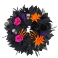Spettrale ghirlanda di Halloween con foglie nere, teschi e fiori per decorazione porta. - Taglia S