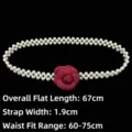 Elegant French style pearl elastic belt with a burgundy camellia flower decoration - Red