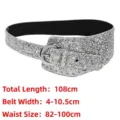 Glamorous silver glitter Y2K wide waist belt for women with shiny adjustable metal buckle - Silver