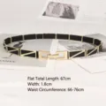 Close-up detail of the gold geometric triangle buckle on a stylish black elastic waist belt. - Square Patchwork Style (Model B) / Length 67cm / Width 1.8cm