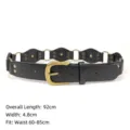 Detail view of a vintage punk Y2K wide leather belt with rivets, rings and bronze buckle - 92cm (5 Sections) / Black