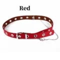 Stylish red Y2K faux leather belt featuring silver grommets and a dangling chain for jeans - Single Row Grommet Red Style