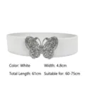 Elegant white elastic waist belt featuring a sparkling rhinestone butterfly buckle for women - White