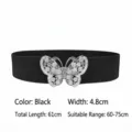 Black elastic waist belt with sparkling rhinestone butterfly buckle for women fashion - Black