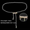 Elegant white pearl waist chain belt with a golden rectangular decorative clasp - Style C / 110cm