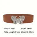 Elegant camel elastic waist belt featuring a sparkling rhinestone butterfly buckle for dresses - Camel