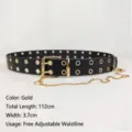 Black punk style double eyelet belt with detachable gold chain and metal buckle. - Gold Hardware Style / 112cm x 3.7cm