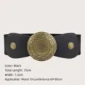 Vintage black elastic waist cincher belt for women with decorative bronze round disc buckle - Black