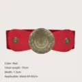Retro red elastic corset belt with a vintage bronze-toned round decorative buckle - Red