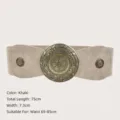 Khaki vintage elastic waist belt featuring a large ornate circular bronze buckle for women - Khaki