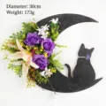 Halloween decoration moon black cat door wreath with purple roses and lilies, 30cm - Morning Glory Style (L3-19) / 30cm Size