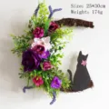 Halloween moon wreath with cat silhouette, purple roses and rustic vine twig base. - Twig Purple Rose Style (L3-21) / 30cm Size