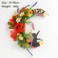Halloween moon shaped wreath with black cat silhouette and autumn flowers for door decoration - Autumn Maple Leaf Style (L3-23)