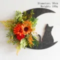 Halloween crescent moon wreath with black cat silhouette and orange sunflowers, 30cm - One Sunflower Style (L3-26)