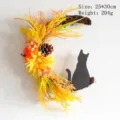 Halloween crescent moon wreath with black cat silhouette and autumn harvest decorations - Pine Cone Wheat Ear Style (L3-27)