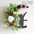Halloween twig wreath with crescent moon, black cat silhouette, and white roses - White Peony Style (L3-29)