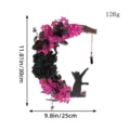 Halloween moon cat wreath with black roses and purple flowers for door hanging decoration - Magenta Black Rose Moon Cat Style (L2-11)