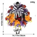 Halloween skeleton wreath decoration with black white striped ribbons and orange flowers 43cm - Orange Flower Top Hat Skeleton Style (L3-3)