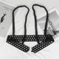 Close-up detail of a fashion black beaded harness vest belt layering accessory - Black-Detachable