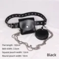 Detailed view of black PU leather belt bag with square and round pouches and silver chains - Style F (Punk Multi-Pouch Wide Belt) / Double Bag Set (3.6CM Wide * 102CM Long)