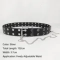 Detail view of black punk belt with double eyelets and silver decorative chain - Style D Double Eyelets With Chain / 102x3.7cm / Black