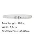 Fashionable white skinny leather belt featuring silver square studs and metal buckle - Square Studs (05S7443) / Length 100cm / Width 1.8cm / White