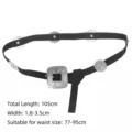 Detailed view of bohemian western leather belt with carved silver flower studs and dimensions - Style D / Black