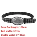 Punk style black rivet belt with large heavy metal silver oval buckle for men and women - Black