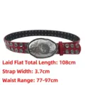Unisex punk style red leather belt with silver rivets and large oval metal buckle - Red