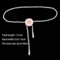 Elegant white pearl waist chain belt featuring a delicate pink fabric camellia flower - Pink Camellia Style