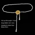 Elegant pearl waist chain belt featuring a beautiful golden fabric rose flower ornament - Yellow Rose Style