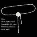 Elegant white pearl waist chain belt with camellia flower decoration for dresses - White Camellia Style