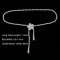 Elegant women's white pearl waist belt with a silver rose flower charm, length 112cm - Style D-Silver Rhinestone Flower
