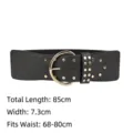 Ceinture élastique rétro noire pour femme avec boucle ronde dorée et clous décor - Noir