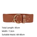 Ceinture élastique marron de style vintage avec boucle ronde dorée et rivets décoratifs - Chameau