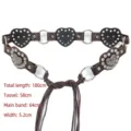 Y2K vintage brown leather belt with heart-shaped metal studs and long fringe ties - Type D (05S7432) / Coffee