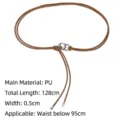Detailed view of thin brown PU leather cord belt with silver buckle and size specifications - Pattern P / Total Length 128cm / Brown