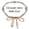 Bohemian woven waist belt with silver butterfly accents, blue beads and tassels for dresses - Camel