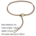 Detailed shot of brown PU leather thin rope belt showing size and material info - Pattern O / Total Length 135cm / Camel