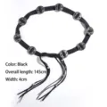 Retro Bohemian black waist chain belt with silver metal conchos and tassels, 145cm - Black