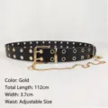 Punk style Y2K black faux leather belt with golden grommets and chain decoration - Style J Double Eyelets Decorative Chain / 112x3.7cm / Black