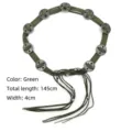 Vintage Bohemian ethnic style olive green waist belt with round metallic ornaments - Green