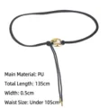 Adjustable black thin PU leather waist rope belt with gold metal buckle for women's coat - Pattern O / Total Length 135cm / Black