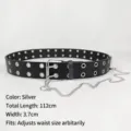Punk style black faux leather belt with double grommets and silver metal chain accessory - Silver Hardware Style / 112cm x 3.7cm