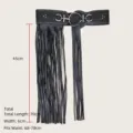 Black punk style women's waist seal belt with long tassels and silver rivet details - Black